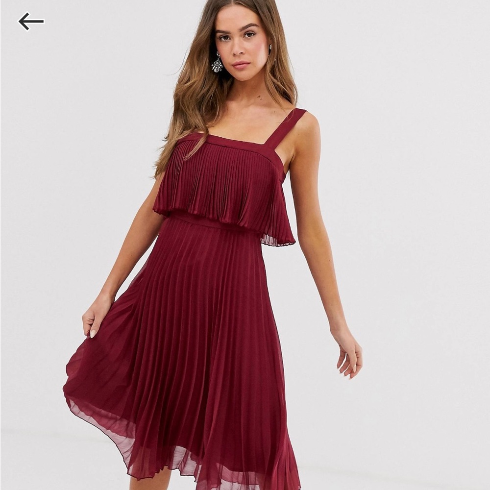ASOS Maroon Pleated Midi Cocktail Dress Size 14